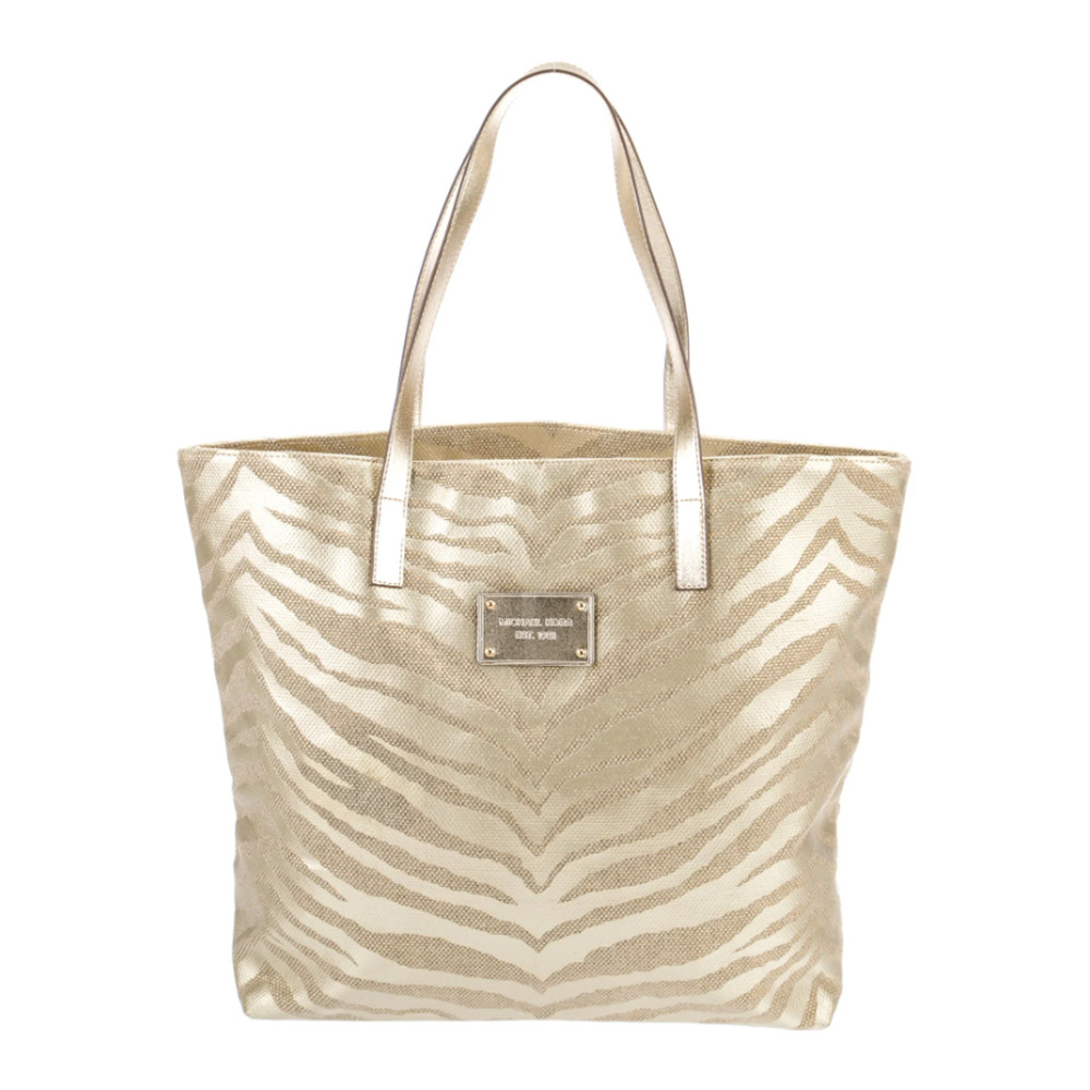 Michael Kors Metallic Gold Zebra Print Open Top Canvas Shoulder Tote‎ Bag Purse